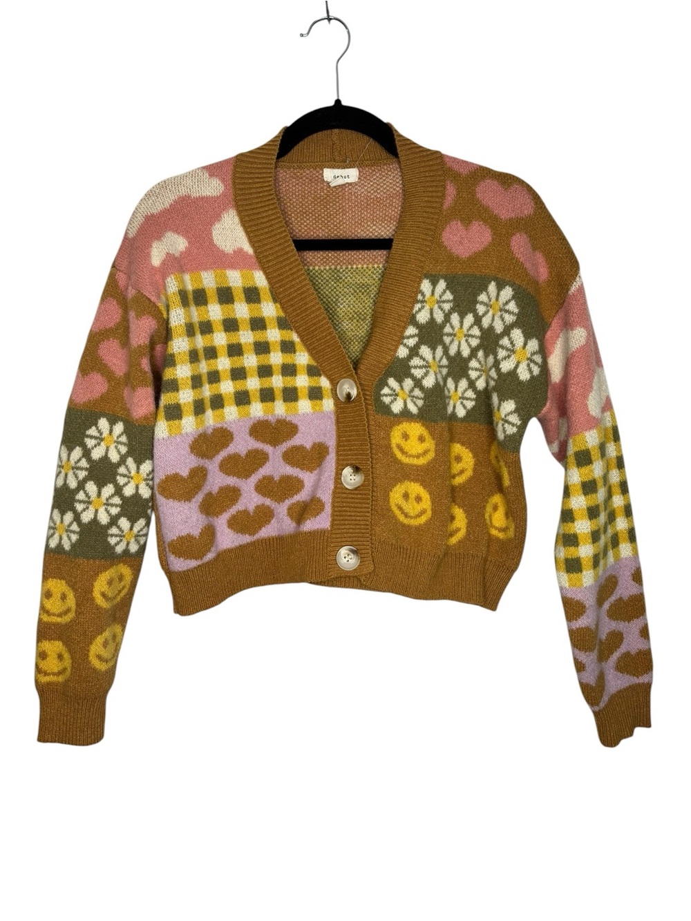 Debut Patchwork Cardigan Sweater Medium Boho Cottagecore Colorful Heart Daisy